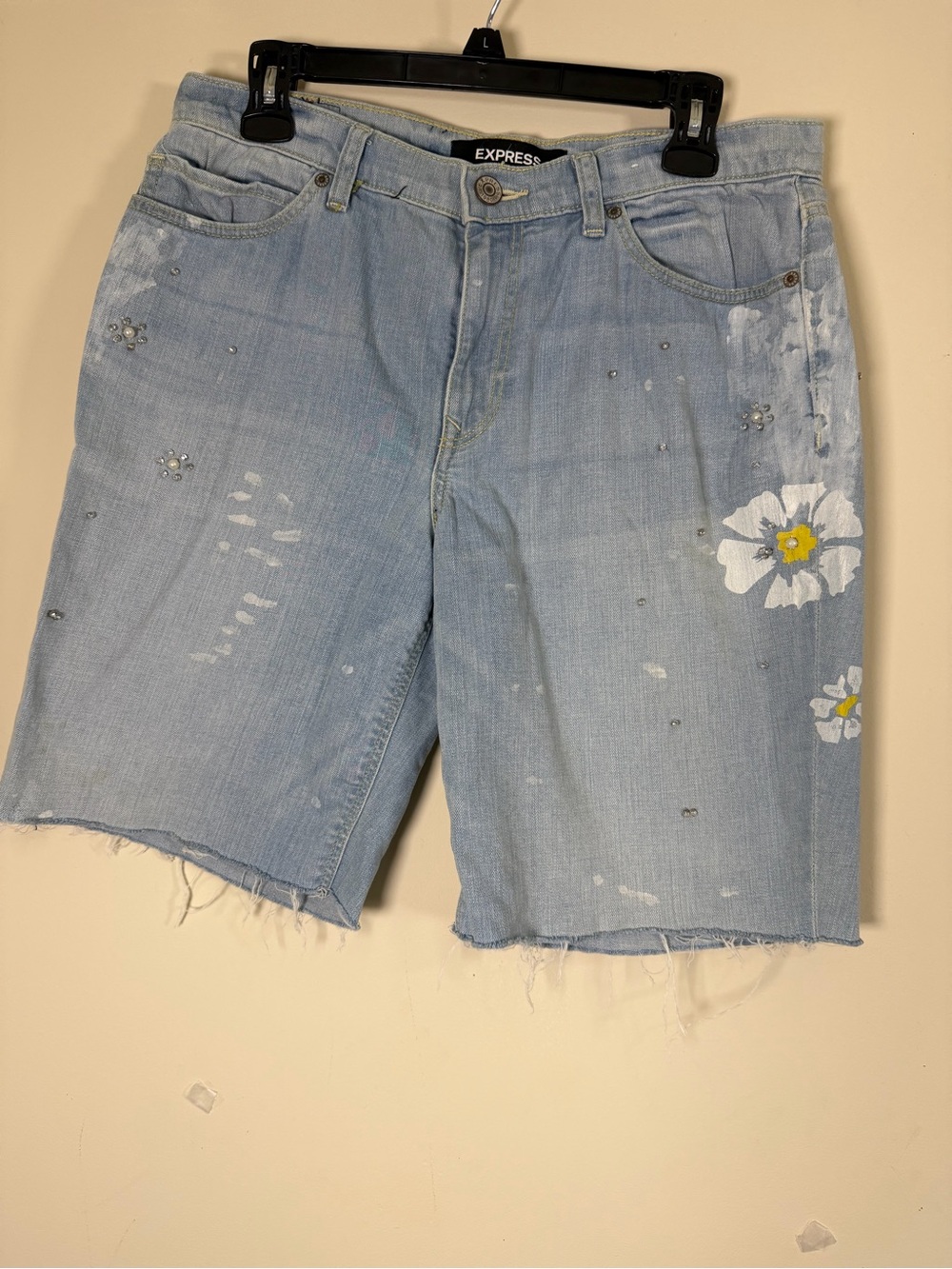 Express Light Blue Denim Floral Embellished Bermuda Shorts